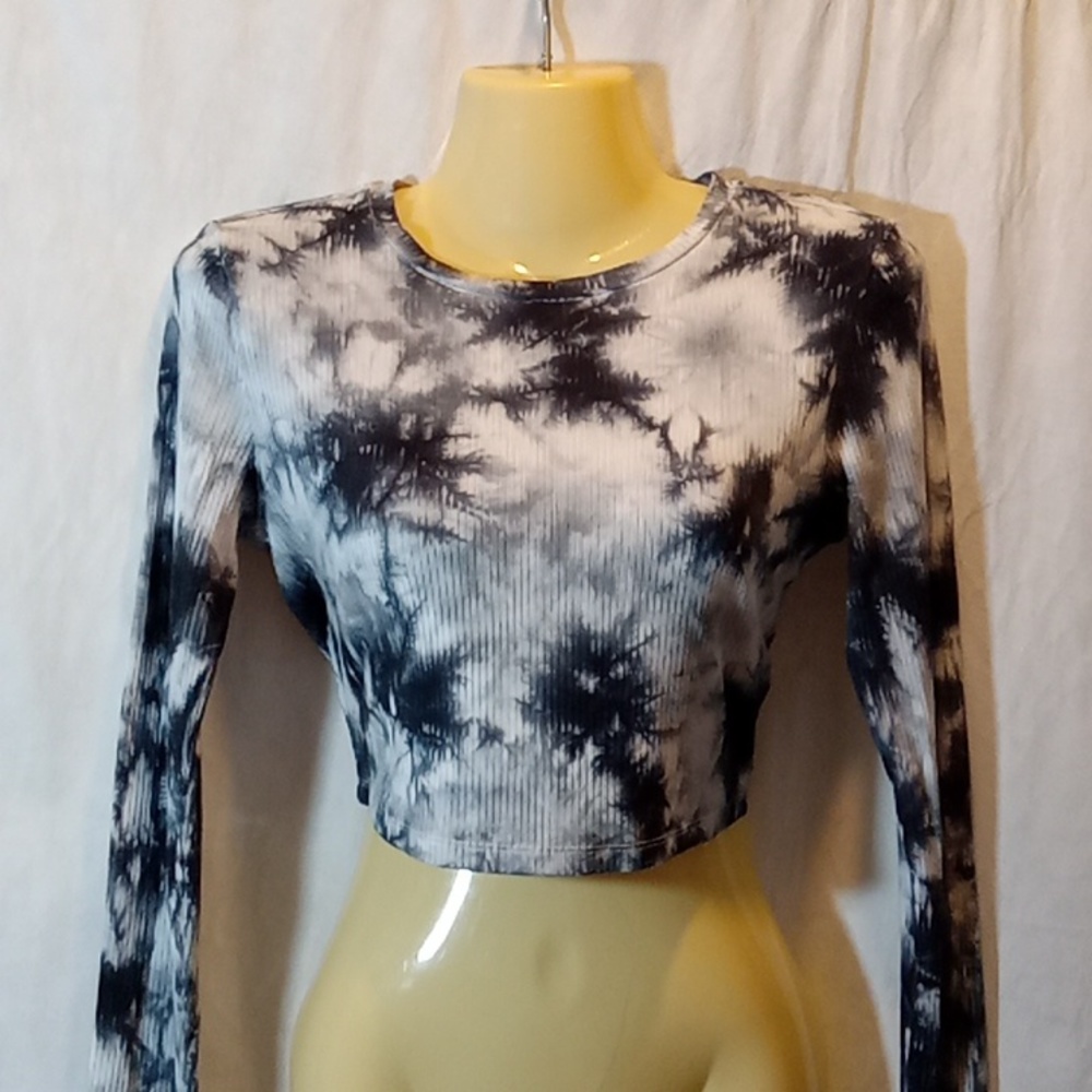 Garage Womens Medium Top Ribbed Knit Crop Black Gray Tiedye Boho